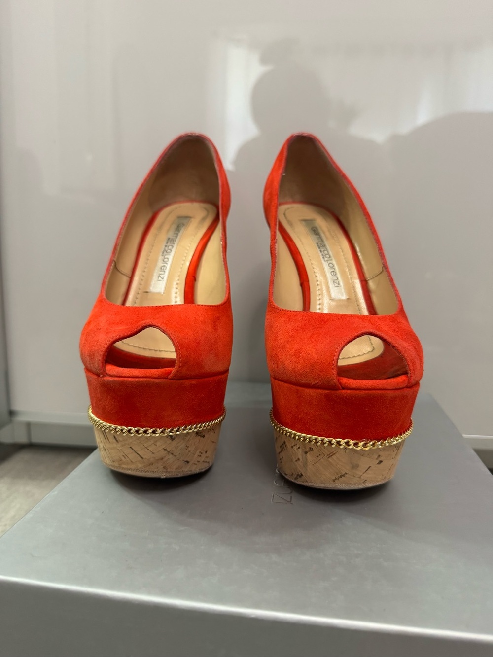Gianmarco Lorenzi Orange-Red Suede Peep-Toe Platform Pumps with Gold Chain Trim